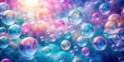 A multitude of iridescent soap bubbles float in a dreamy, ethereal landscape, their surfaces reflecting a celestial tapestry of swirling colors and shimmering light.
