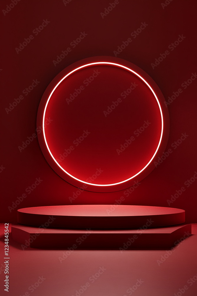 Aufkleber red geometric display platform with circular illuminated frame on a red background, ideal for showca