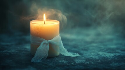 A single lit candle with a ribbon sits on a dark surface