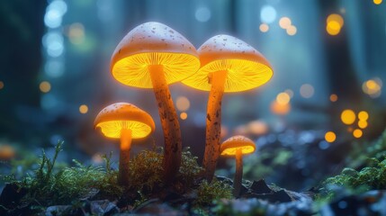 Fototapeta premium Group of mushrooms on moss in a deep forest showcasing natural beauty and tranquility