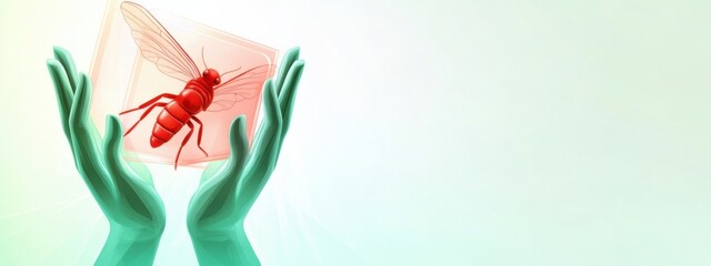 Naklejka premium Gentle Hands Protecting a Crimson Wasp Specimen in a Glass Enclosure