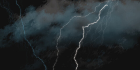 Thunder Stock Image In Black Background. Massive lightning bolt with branches isolated on black background.
