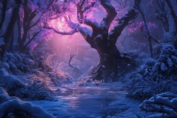 A Magical Winter Scene With A Glowing Pink Tree And A Snowy Stream.  Perfect For A Fantasy Novel Cover!