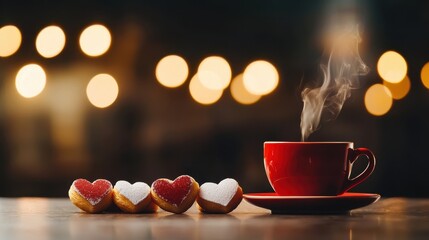 A steaming red cup of coffee with heart-shaped treats, creating a cozy ambiance.