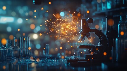 scientific research laboratory with microscope instruments and lab glassware, highlighting molecular symbols, technological innovation, and chemical experimentation for discovery