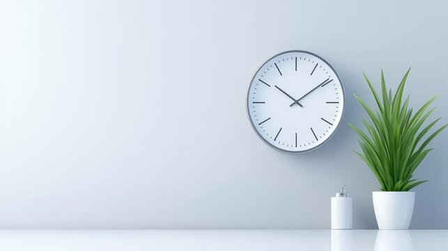 Timeless elegance, a clock and plant adorn tranquil wall, creating serene atmosphere