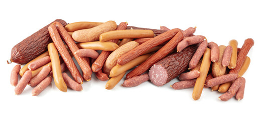 Various dry-cured and smoked sausages isolated on white.