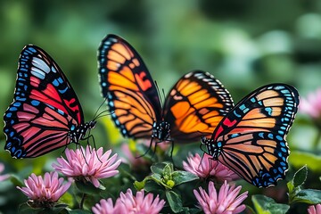 Fototapeta premium Three Colorful Butterflies on Pink Flowers