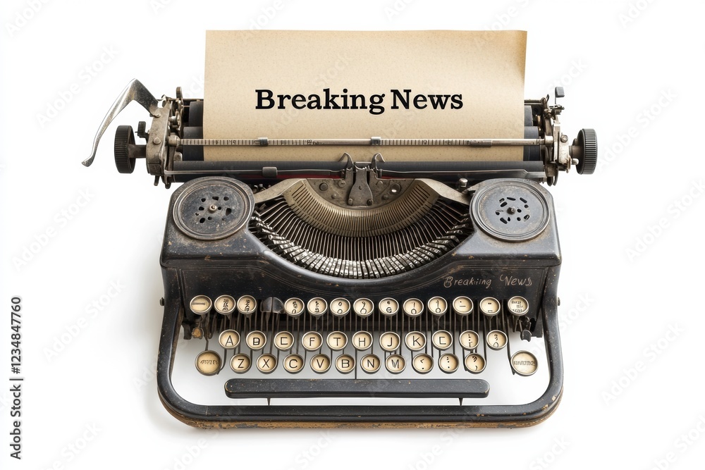 Poster vintage typewriter with breaking news headline typed on a blank sheet of paper. generative ai