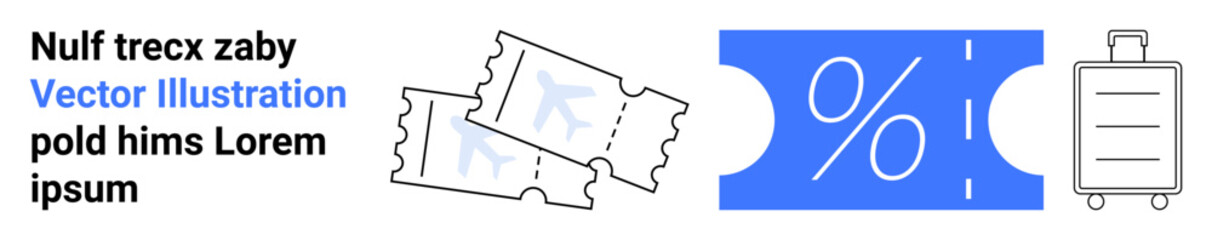 Discount voucher, flight tickets, and suitcase conveying travel savings, holiday deals, and trip preparation. Ideal for travel promotions, tourism, vacations, budgeting discounts holiday planning