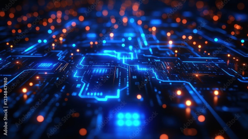 Aufkleber close up of computer circuit with glowing cybernetic blue lights and pulsating patterns
