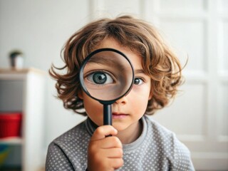 Kid looking through magnifying glass, A boy hold a magnifying glass and look through. Concept for Searching, Studying, Finding
