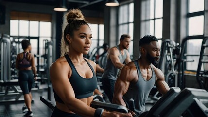 Fototapeta premium A diverse group of people exercising in a modern gym, engaging with weights and cardio machines in a dynamic and motivating atmosphere.