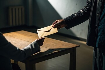 Mysterious man giving an envelope in dark room. Concept for Corruption, Illegal