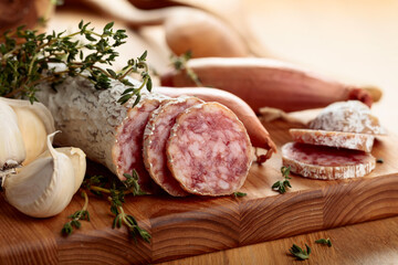 Dry-cured sausage with thyme, garlic, and onion.