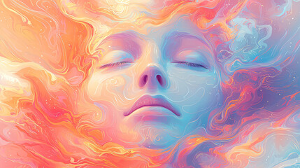 Fototapeta premium A fresco-style illustration of a peaceful figure with closed eyes, surrounded by divine energy, blending soft pastels and radiant colors to create a transcendent and calming atmosphere. 