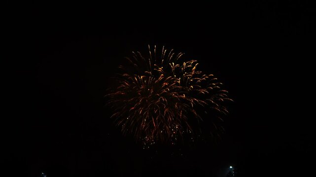 gold red pink sparks scattering fireworks on black night sky.