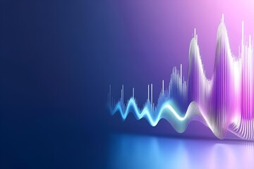 
Abstract sound wave visualization with glowing blue and purple gradient, symbolizing digital audio, music frequency, and futuristic data analysis