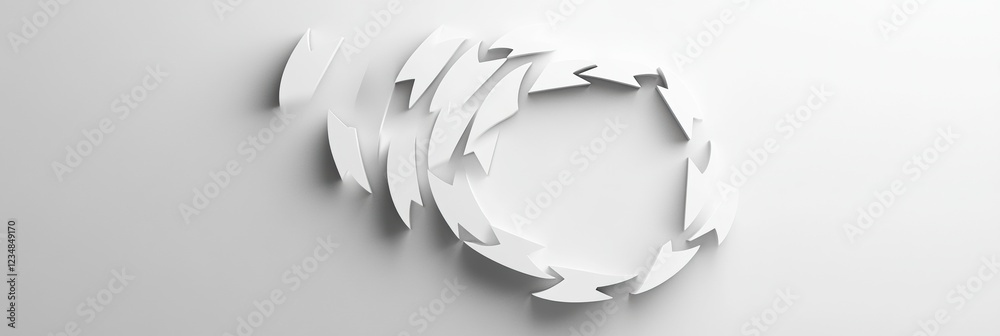 Poster Dynamic white arrows creating a swirling pattern on a light gray background in a minimalist design concept. Generative AI
