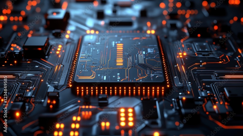 Poster close up view of a computer motherboard with intricate circuits and metallic components