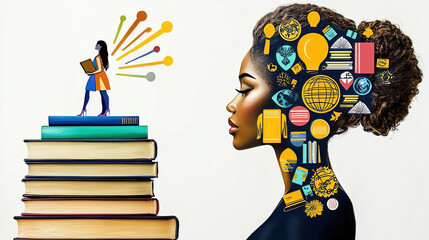 Fototapeta premium Women history honors heritage and diversity. It marks progress and inspires celebration. Woman Reading on Books with Creative Thought Illustration