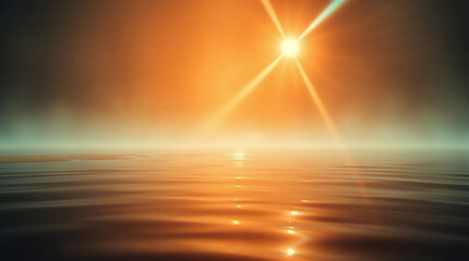 Fototapeta premium Bright orange sun shining over calm ocean water with light rays