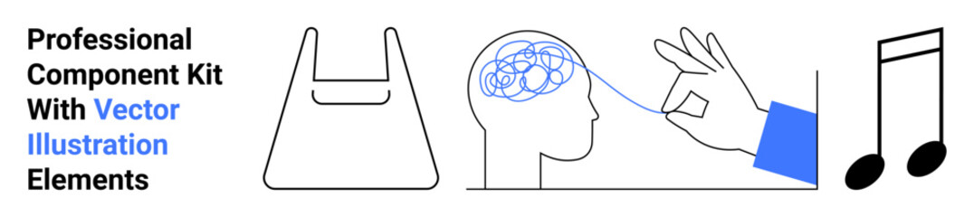Shopping bag, brain with tangled lines, hand gesturing thread pulling, music note. Ideal for psychology, shopping, creativity, wellness music lifestyle conceptual designs. Fits flat landing page