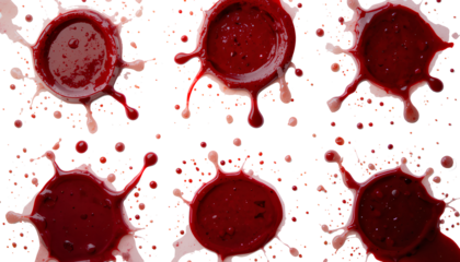 Set of blood drops and stains, cut out on white background.
