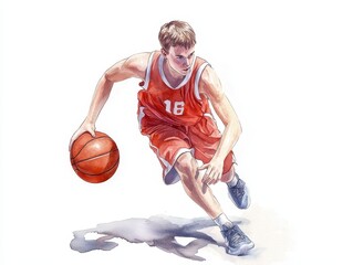 Dynamic watercolor painting of a basketball player in motion, colorful and energetic artwork