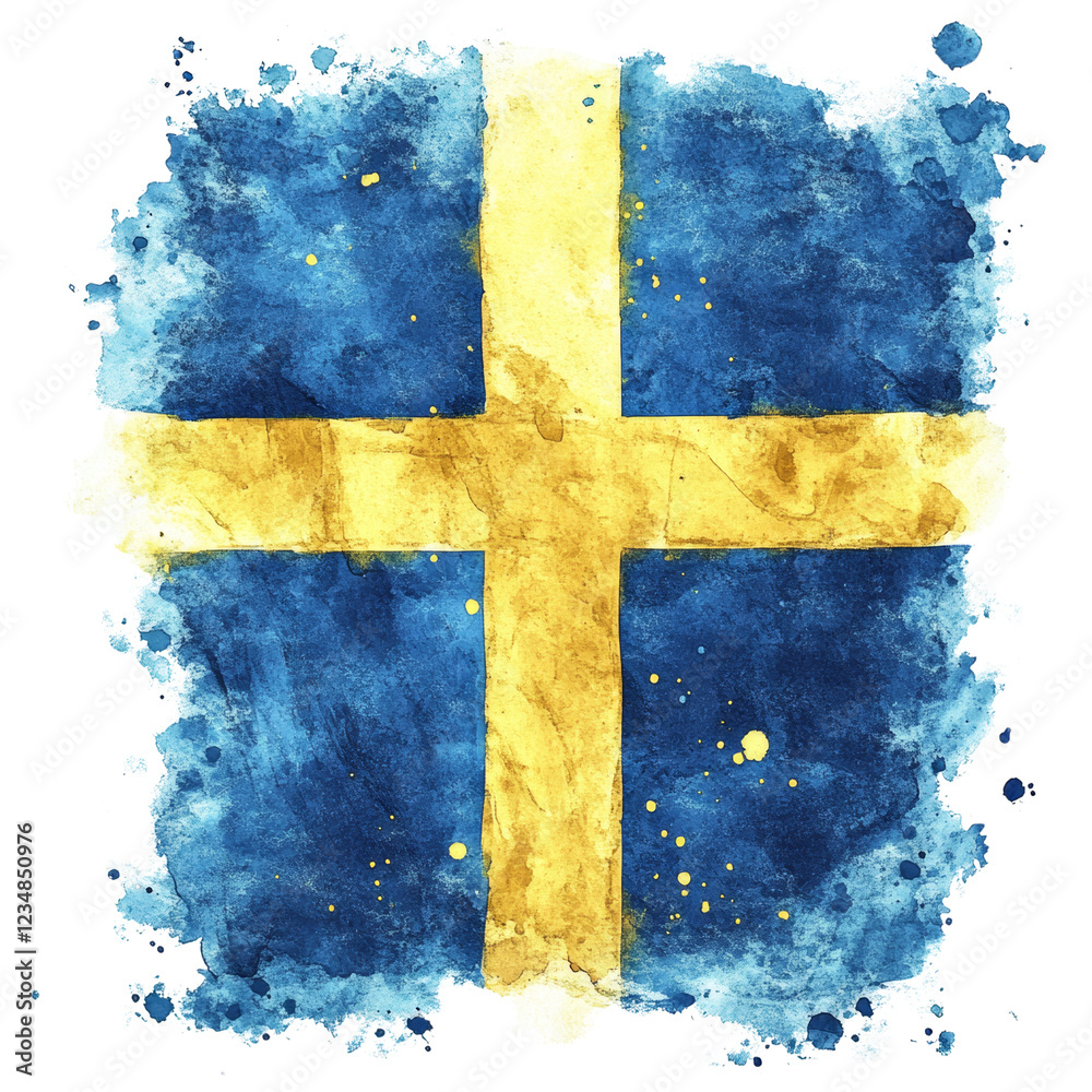 Poster an abstract watercolor rendering of the swedish flag with textured blue and yellow tones.