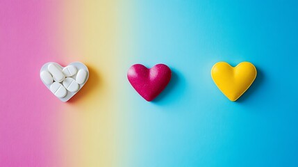 Obraz premium Supplements and tablets laid out in heart shapes on a colourful background