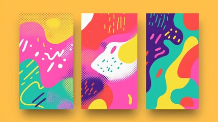 Three vertical colorful posters featuring abstract shapes in pink, yellow, green, and vibrant colors like red, orange, blue, and purple, with bold lines, smooth curves, and modern geometric patterns
