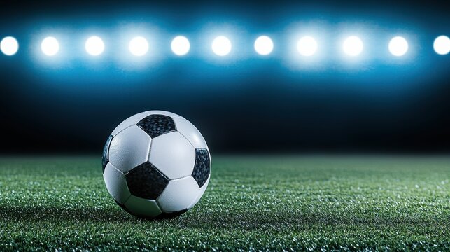 Exciting soccer match with a ball on the field stadium environment dynamic action nighttime viewpoint