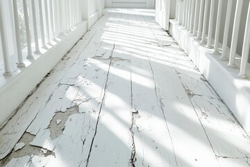 Obraz premium Whitewashed Wood Floor with Peeling Paint and Sunlight Shadows