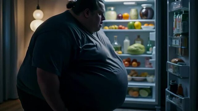 Fat obese man looks into the refrigerator at night in search of food