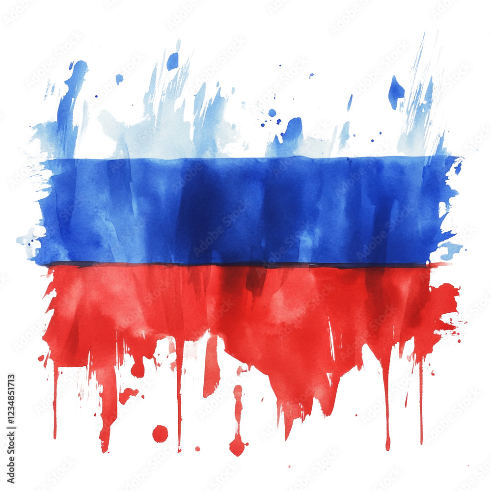 Poster A stylized watercolor rendition of the Russian flag with vibrant colors and a dripping effect creating an abstract feel.