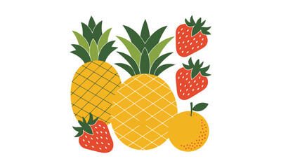 A playful, colorful set of vector fruits including pineapples, strawberries, and oranges. The pineapple is green with black seeds. The strawberries are bright red with green leaves.