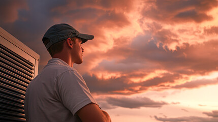 Rooftop profile a man's reflection on a sunset outdoor