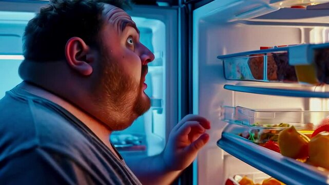Fat obese man looks into the refrigerator at night in search of food