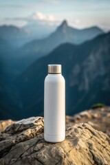 White plain stainless vacuum flask placed on a rock with mountain view. Concept for Advertise tough bottle, Durable