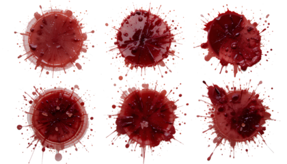 Set of blood drops and stains, cut out on white background.
