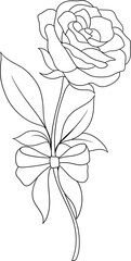 Hand Drawn Rose Flower with Ribbon Bow Outline
