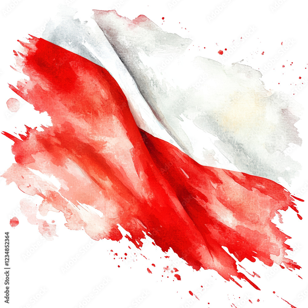 Poster A stylized watercolor painting of the Polish flag with red and white color splashes creating a dynamic and abstract effect.