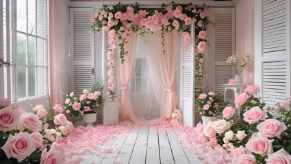 Romantic floral backdrop white shuttered windows, soft pink roses, dreamy interior setting, pastel color palette, natural light, wedding photography setup.
