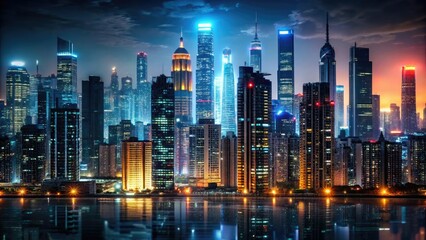 Obraz premium Black wallpaper showcases a sprawling cityscape at dusk with towering skyscrapers and neon lights, dusk, building, mysterious, city life