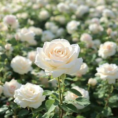 Blooming white rose with a blur of white roses in a garden, beauty, gentle, nature