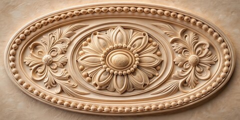Obraz premium Intricate Ornate Wood Carving with a Central Floral Motif and Decorative Beading Surrounding the Design