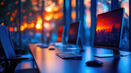 Office computers displaying cityscape at sunset, blurred background