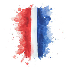 An abstract watercolor rendition of the French flag with red, white, and blue splatter effects.