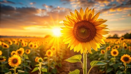A single sunflower, bathed in the golden glow of the setting sun, stands tall and proud amidst a field of its brethren, creating a picturesque scene of nature's beauty and resilience.